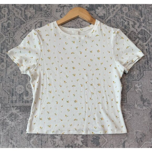 Skims Women's Ribbed Cotton White Floral Short Sleeve Top XL Dainty Casual - Picture 5 of 10